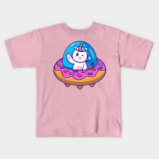 Cute Unicorn Flight With Donut UFO Cartoon Kids T-Shirt